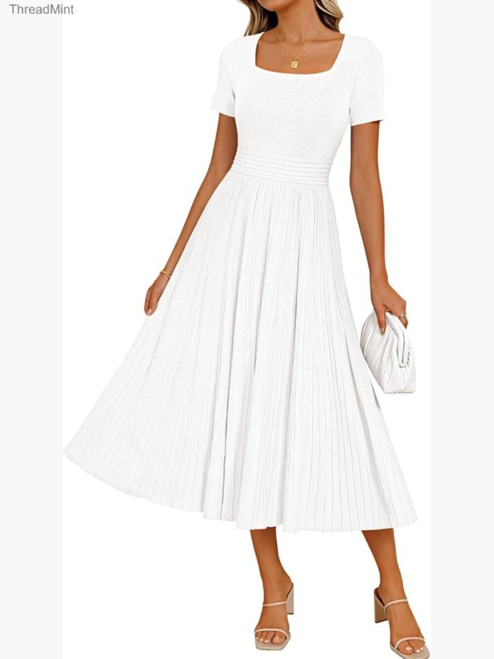 Pleated Midi Dress Square Neck Short Sleeve A-Line Wedding Guest Business Casual